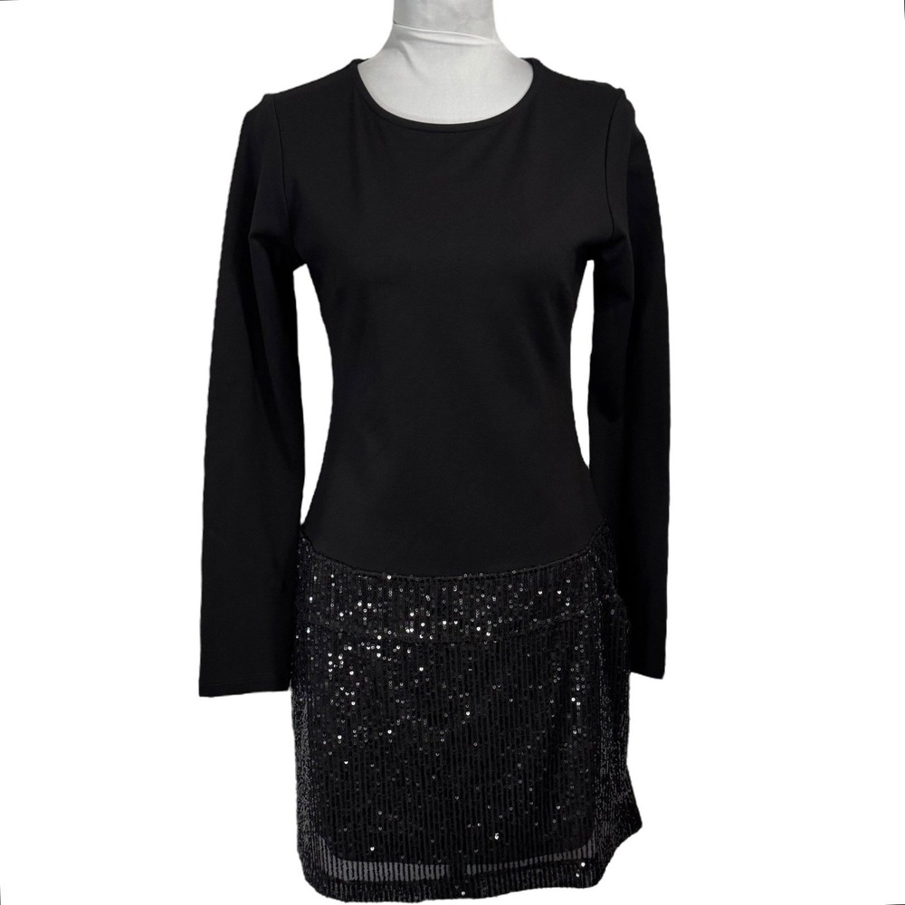 ISLE By Melis‎ Kozan Black Sequin Mini Dress Tunic Size Small Black Knit Pockets